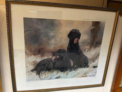A Signed Limited Edition Print of Two Black Labrador Retrievers by John Trickett. A framed and 