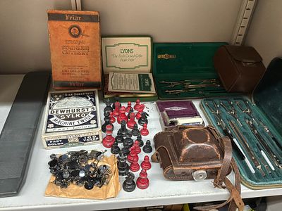 An Assortment of Vintage Drafting Instruments, Braun Paxette Camera, and Household Collectibles. 