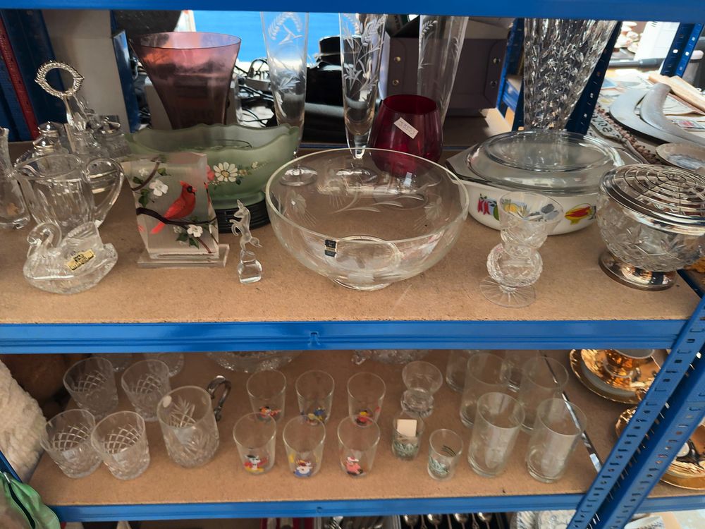 Lot 182: A Large Collection of 20th Century Cut Crystal, Decorative Glassware, and Pyrex Tableware