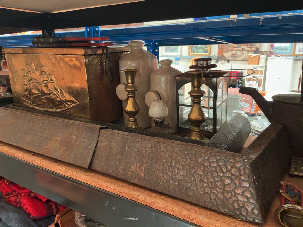Lot 188: A Collection of Vintage Fireplace Accessories and Domestic Metalware including a Brass-Clad Log Box