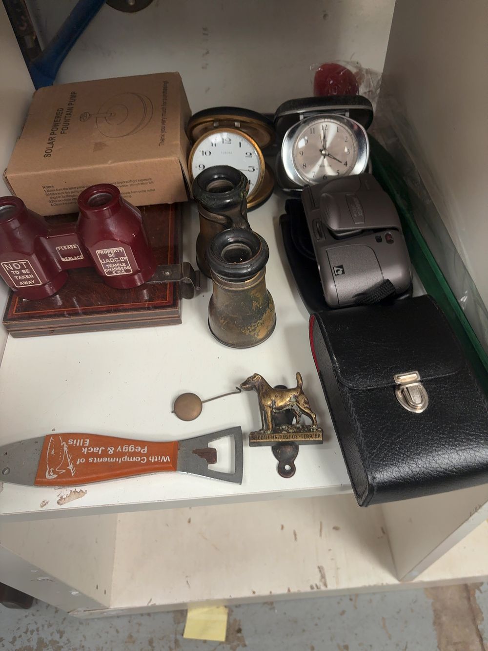 Lot 251: An Assortment of Vintage Items including Mounted Theatre Glasses, Travel Clocks, and Photographic Equipment