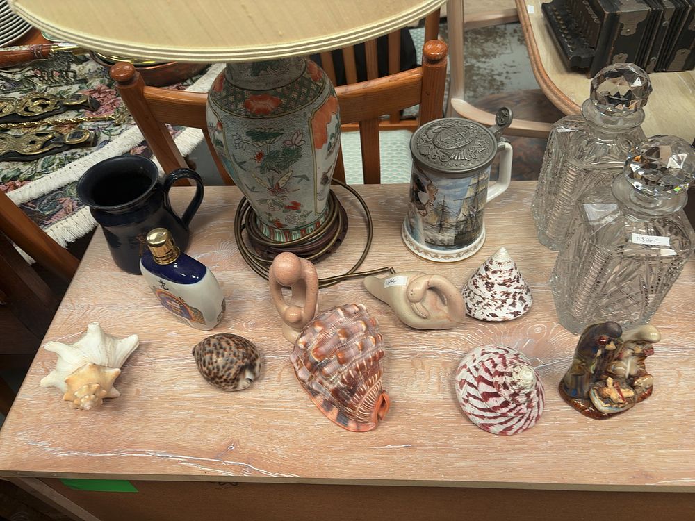 Lot 264: A Group of Decorative and Collectible Items Including an Oriental Style Table Lamp, Cut Crystal Decanters, and Maritime Theme Ceramics