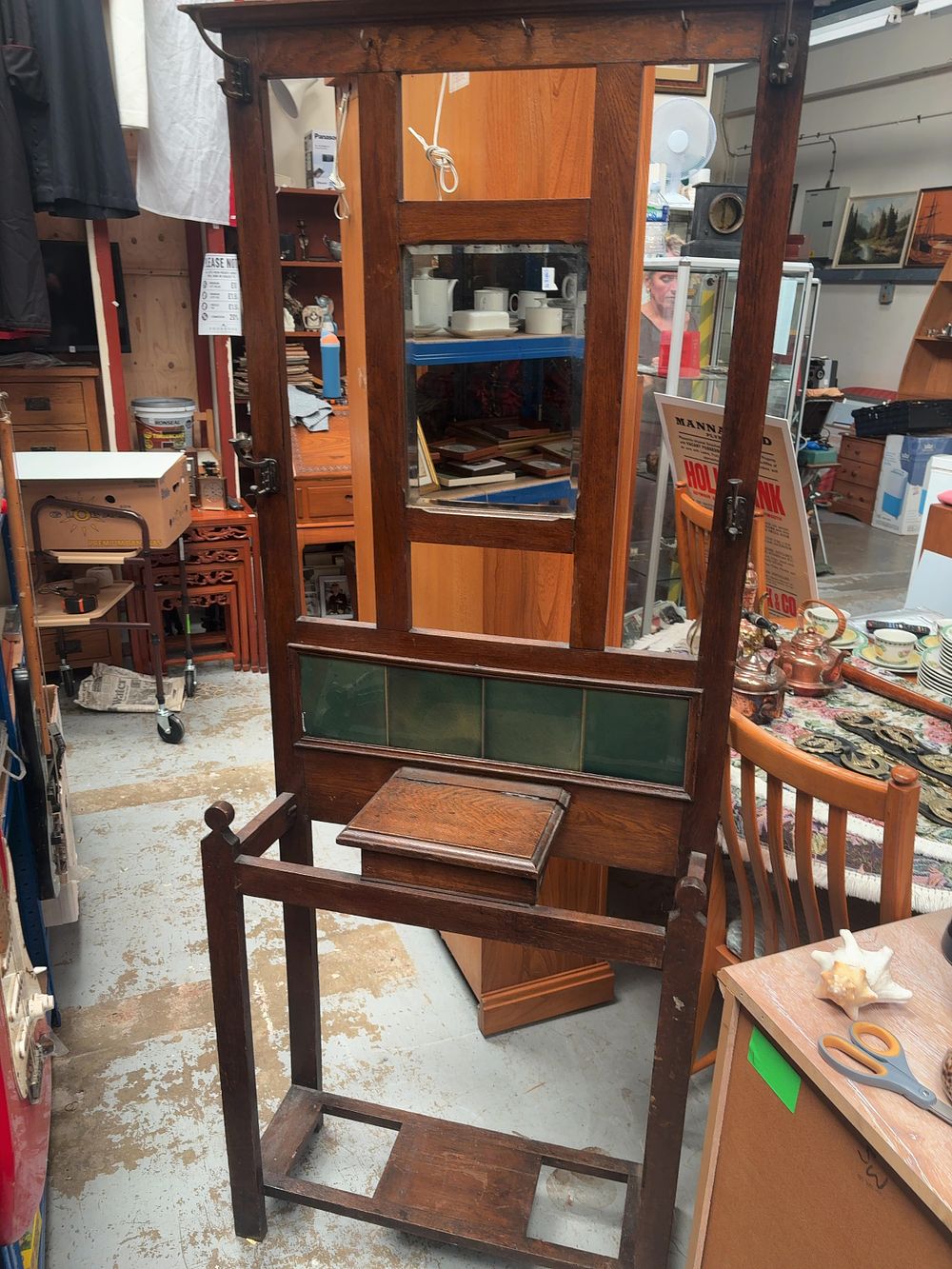 Lot 265: Edwardian Arts and Crafts Oak Hall Stand with Green Ceramic Tiles