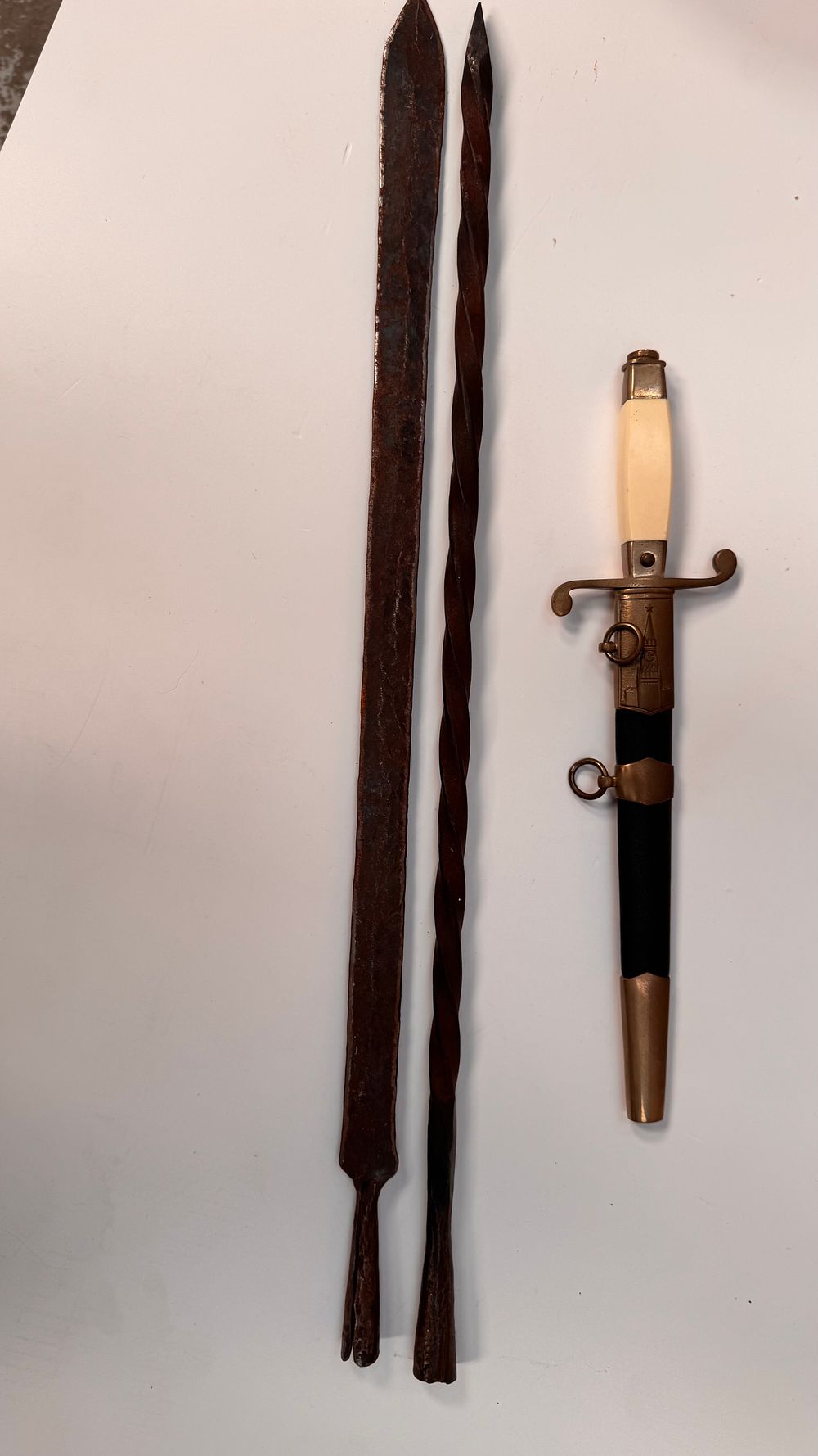 Lot 293: Three items including a replica Soviet Army Officer's Dirk Model 1945 and two improvised iron implements