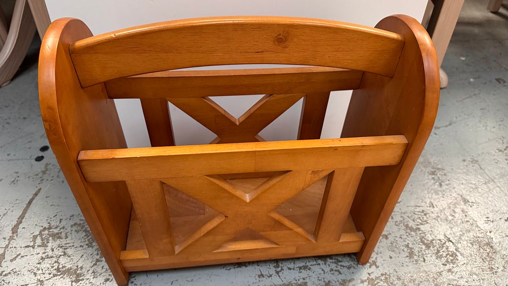 Lot 296: A Trio of Wooden Furniture Items including an Edwardian Style Sutherland Table, a Carved Wall Shelf, and a Magazine Rack
