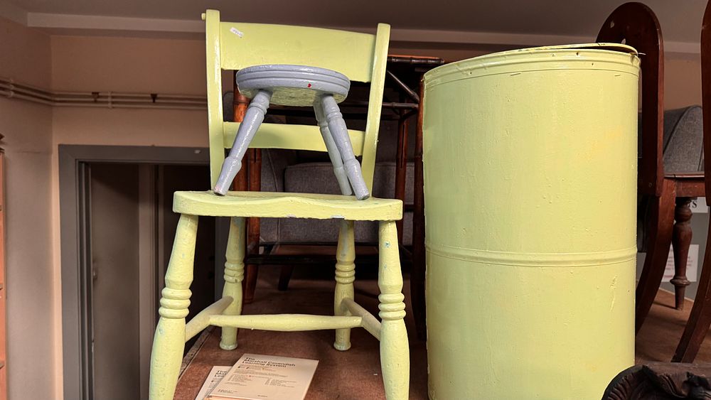 Lot 307: A Trio of Assorted Furniture Items Including a Child's Side Chair, a Three-Legged Stool, and a Bamboo Occasional Stand