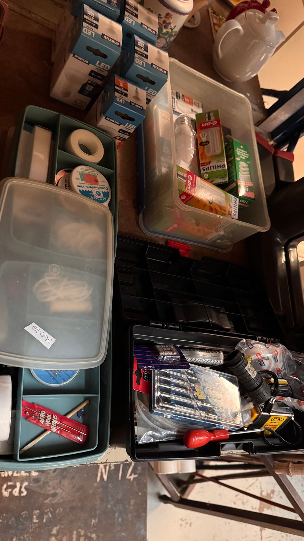 Lot 308: A Collection of Household Utilities, Electrical Lamps, Hand Tools, and Sewing Sundries