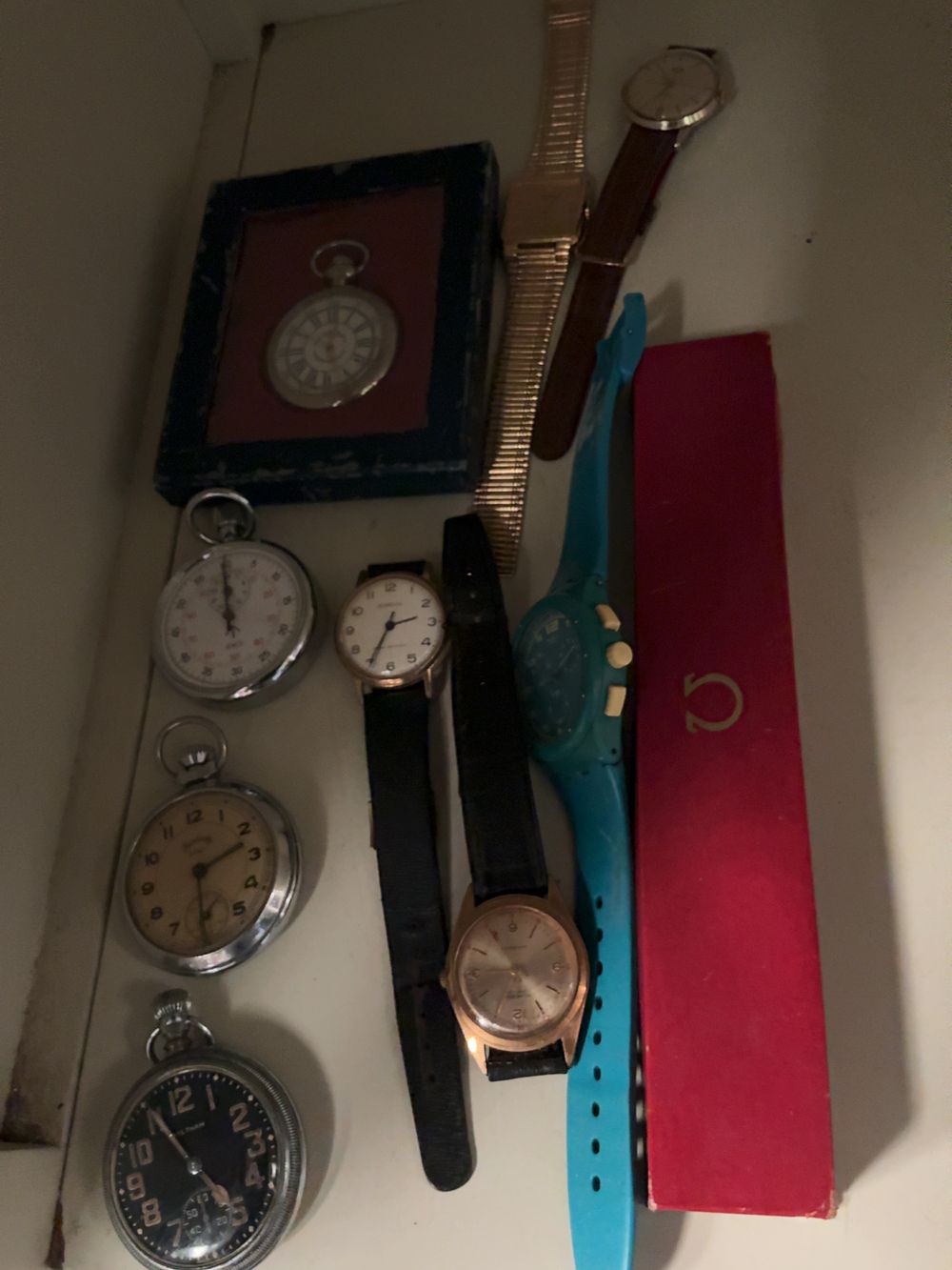 Lot 327: A Collection of Vintage Wristwatches, Pocket Watches, a Stopwatch, and an Omega Presentation Box