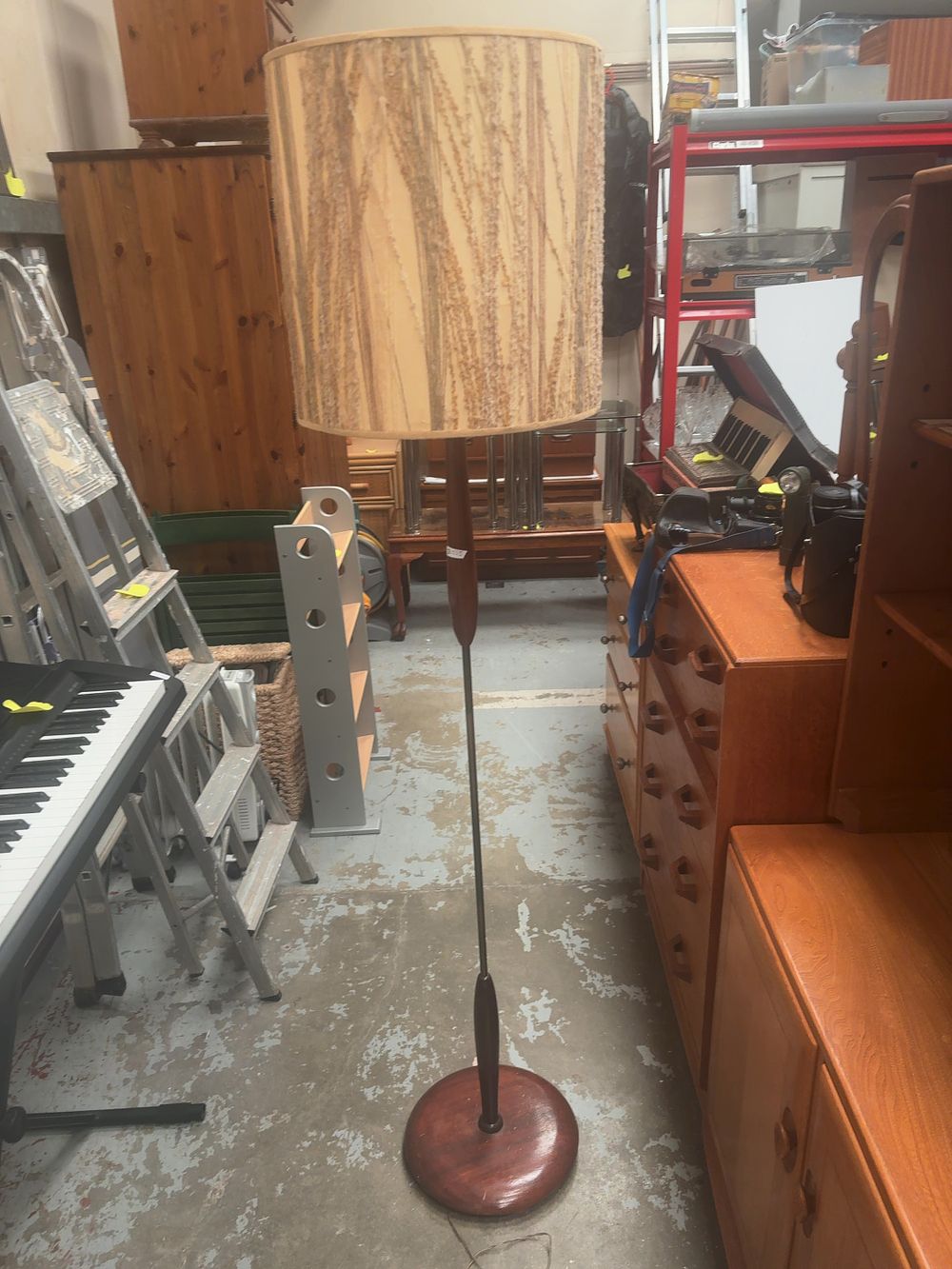 Lot 367: Mid-Century Modern Teak and Metal Floor Lamp with Textured Drum Shade