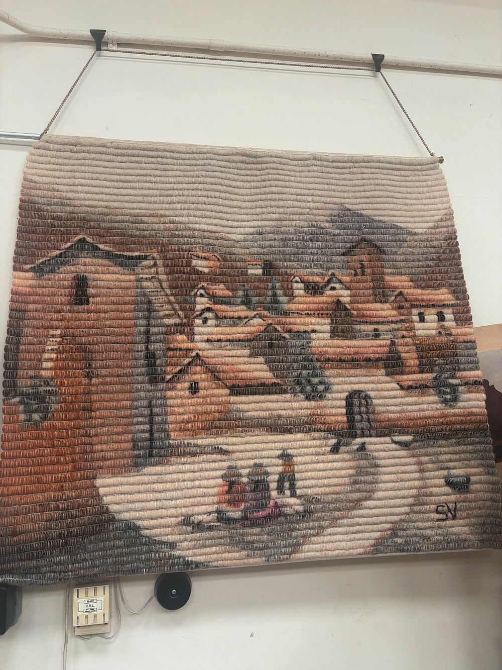 Lot 380: Mid-20th Century Peruvian Hand-Woven Wool Village Scene Tapestry Wall Hanging