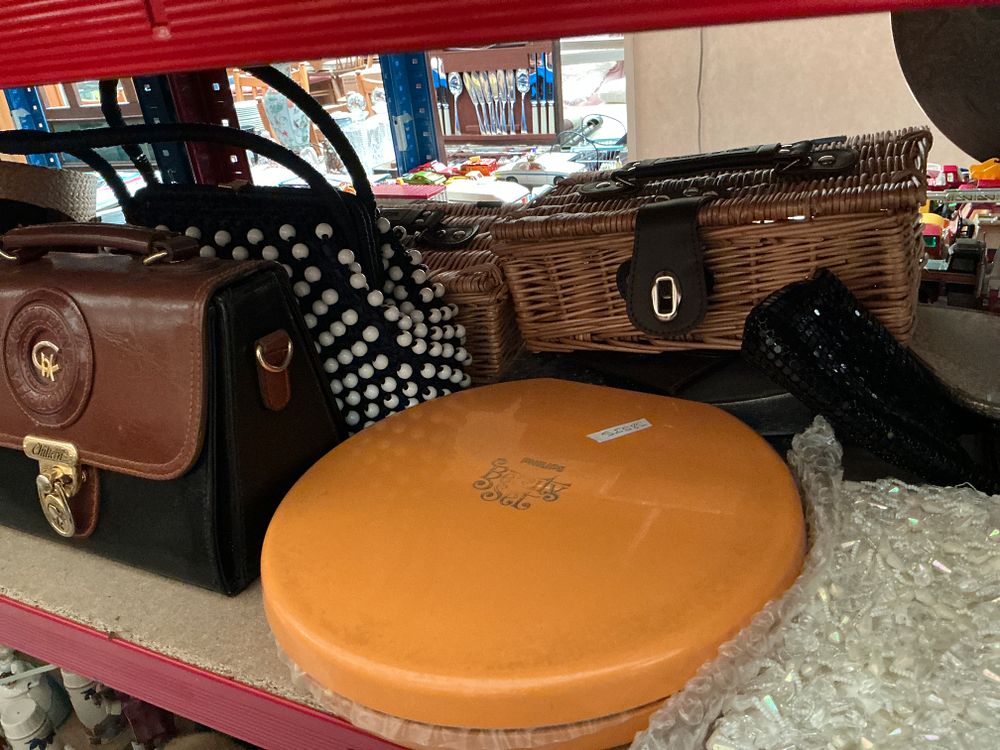 Lot 185: A Collection of Vintage Handbags, a Philips Beauty Set, a Wicker Picnic Hamper and Vanity Accessories