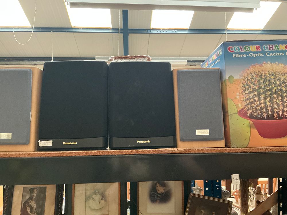 Lot 192: An Assortment of Panasonic and Aiwa Audio Speakers and a Boxed Cactus Lamp