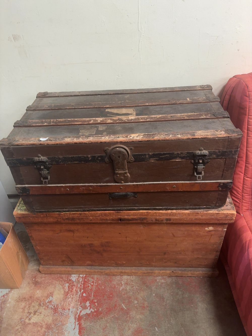Lot 401: A Pair of Antique Storage Chests: A Travelling Steamer Trunk and a Pine Blanket Chest