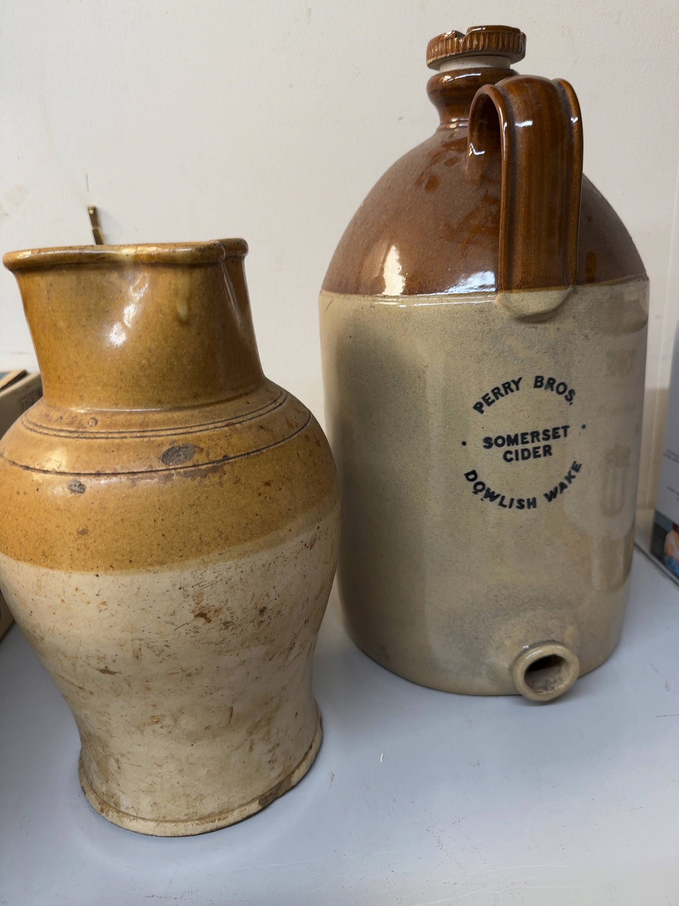 Two English Two-Tone Salt-Glazed Stoneware Vessels Including a Perry Bros. Somerset Cider Flagon