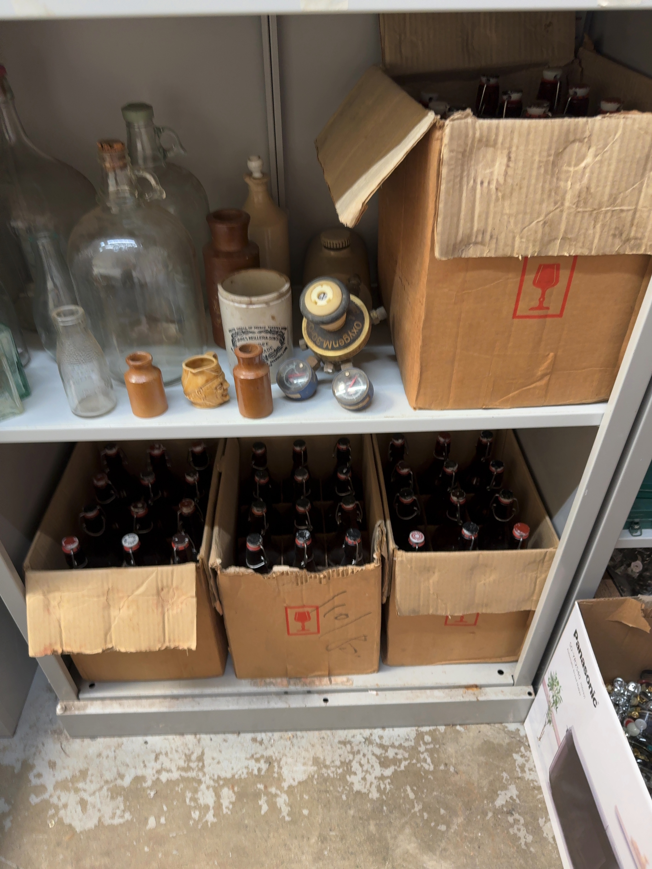 A Collection of Vintage Glassware, Stoneware, and Industrial Equipment including a James Keiller and Sons Marmalade Jar and a BOC Oxygen Regulator