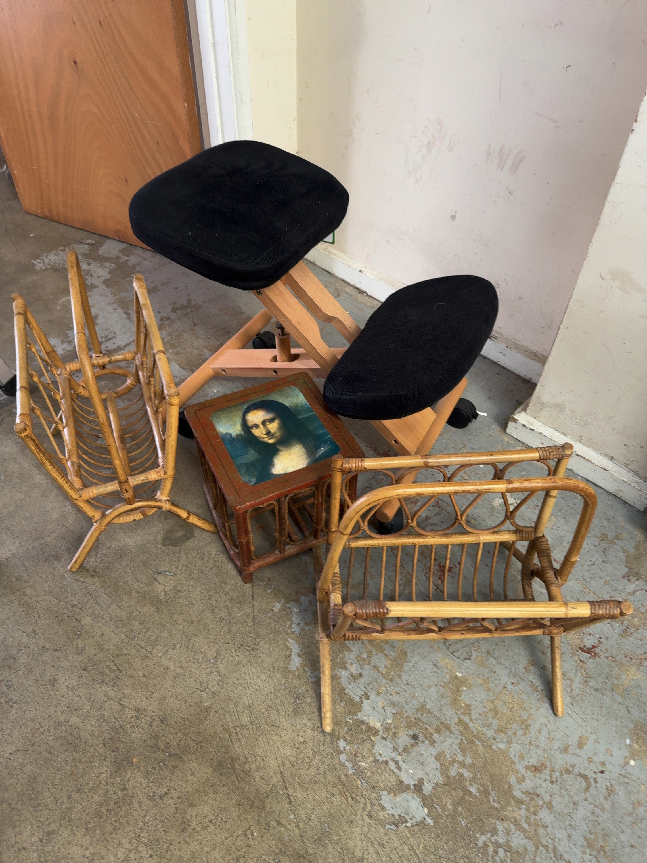 An Assortment of Furniture and Home Accessories including an Ergonomic Kneeling Chair and Rattan Magazine Racks