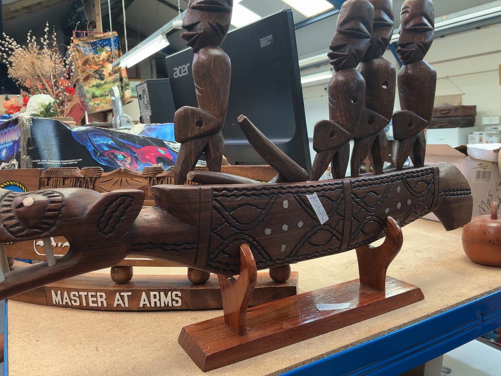 Lot 175: Two Carved Wooden Items Comprising a Personalised British Naval Presentation Model Canoe and an Apple-Shaped Pot