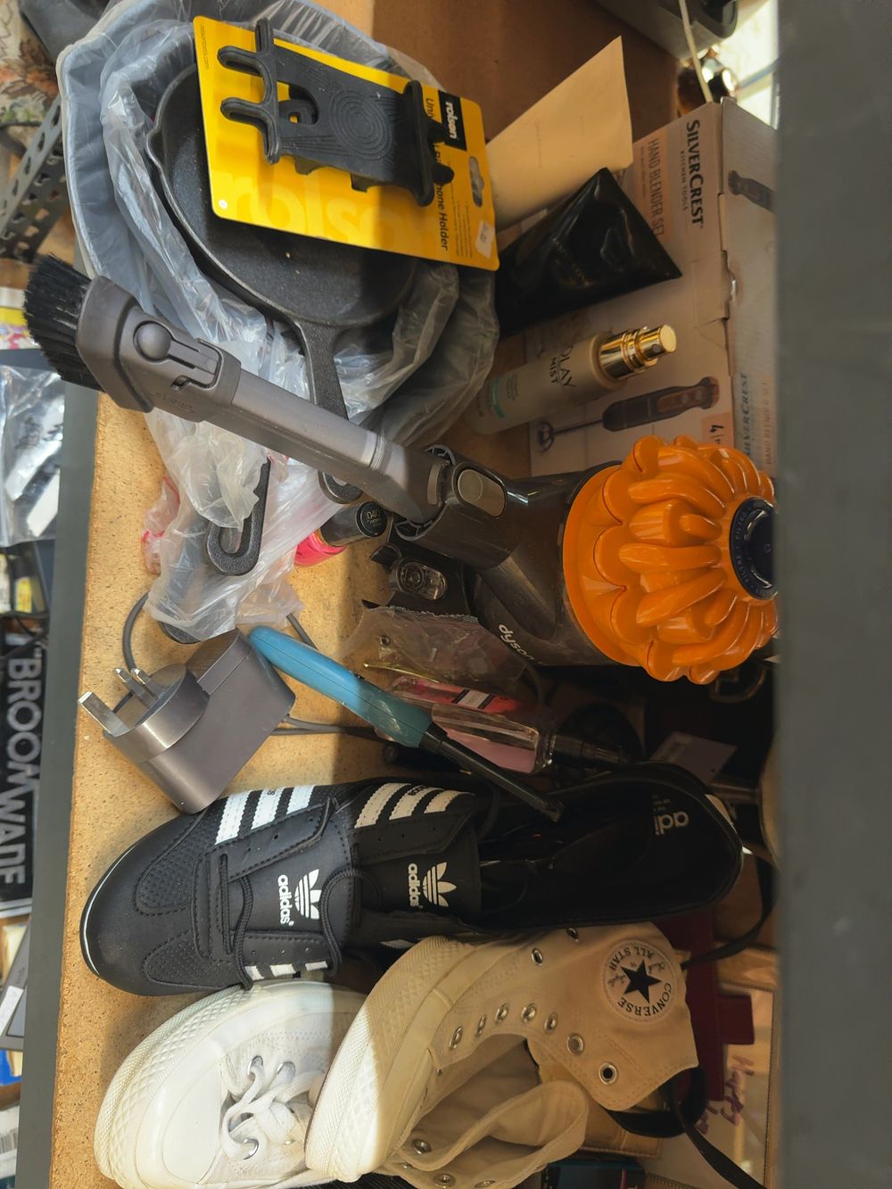 Lot 195: An Assortment of Mixed Consumer Goods Including Adidas and Converse Footwear, Dyson and Continental Accessories, and Homewares