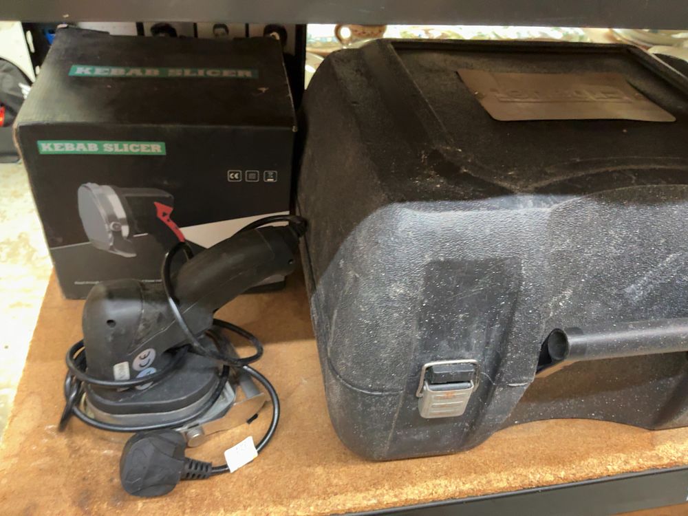 Lot 204: A Collection of Workshop Power Tools, Hardware Accessories, and a 2 Handheld Electric Kebab Slicers