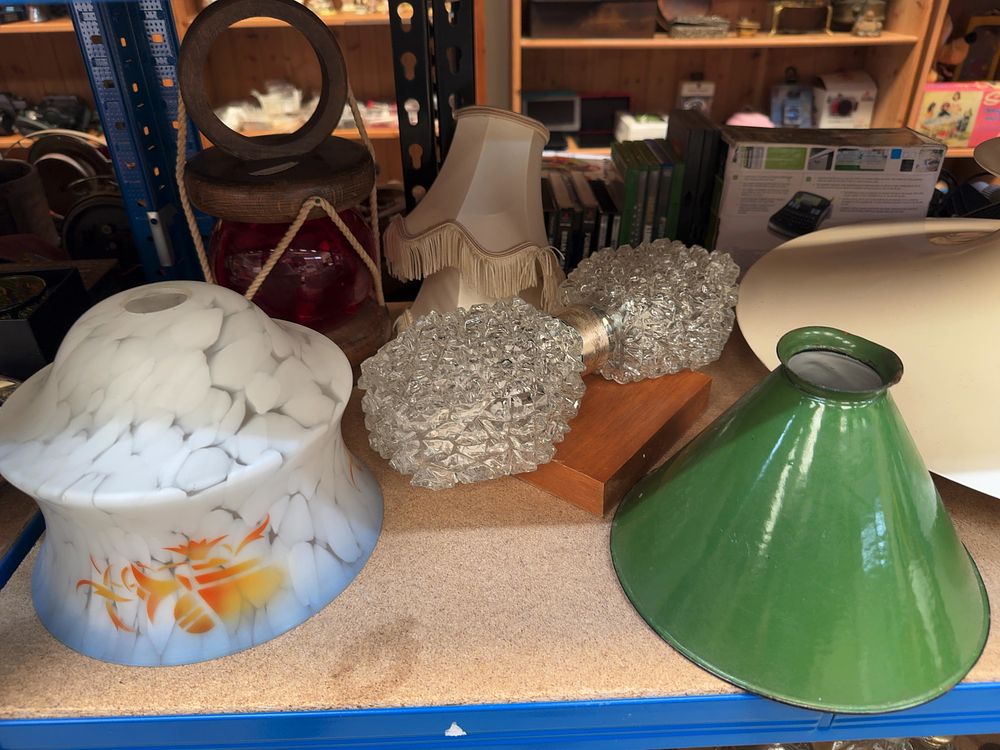 Lot 221: An Assortment of Vintage Table Lamps shades and Light Shades including Nautical and Mid-Century Modern Styles