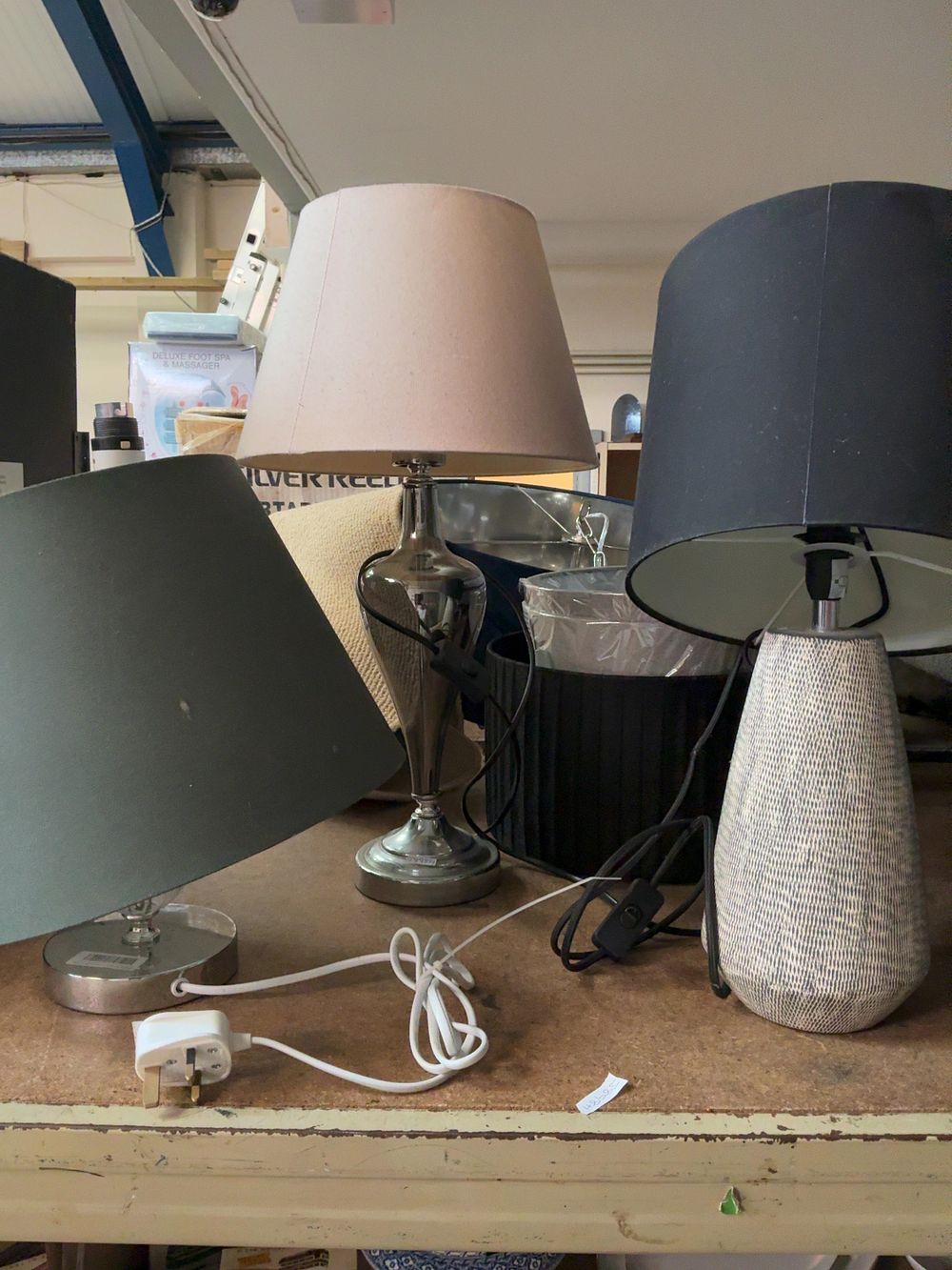 Lot 243: Three Contemporary Table Lamps and an Assortment of Additional Shades