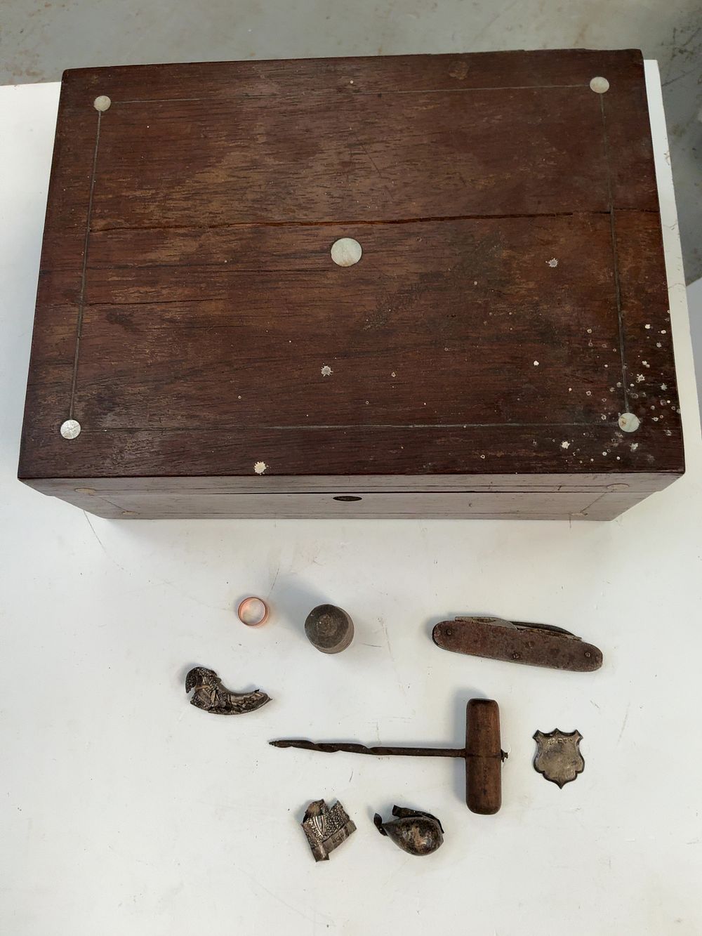 Lot 278: A Victorian Inlaid Wooden Box and a Collection of Miscellaneous Items including Hallmarked Silver Fragments