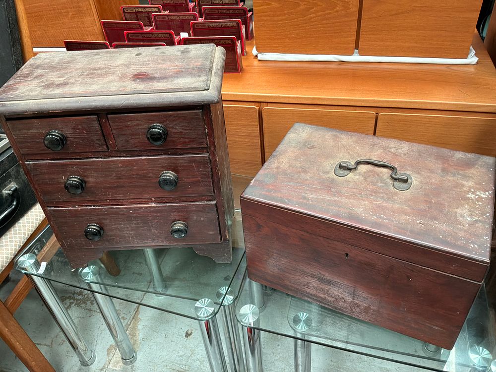 Lot 302: Two 19th Century wooden items including a miniature chest of drawers and a mahogany document box