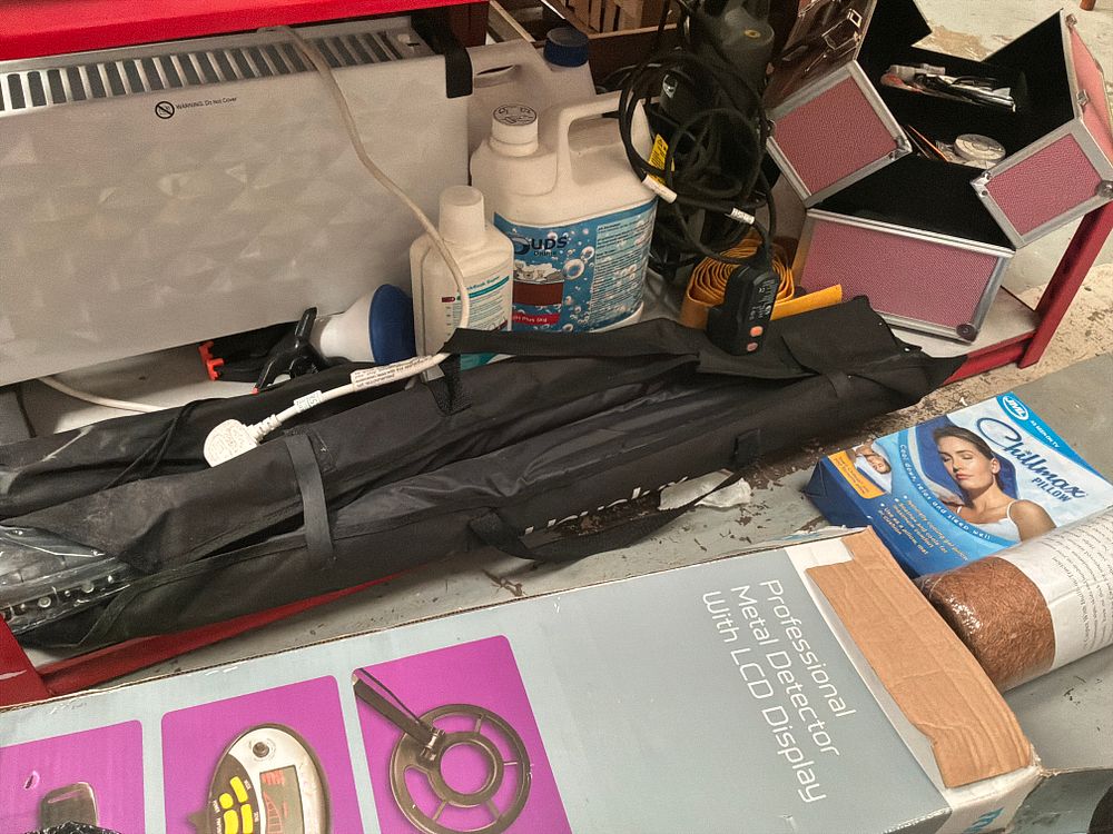 Lot 374: An Assortment of Household and Utility Items including Titan Water Pump, Electric Heater, and Beauty Supplies