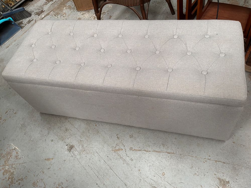 Lot 382: Contemporary Upholstered Storage Bench with Tufted Lid