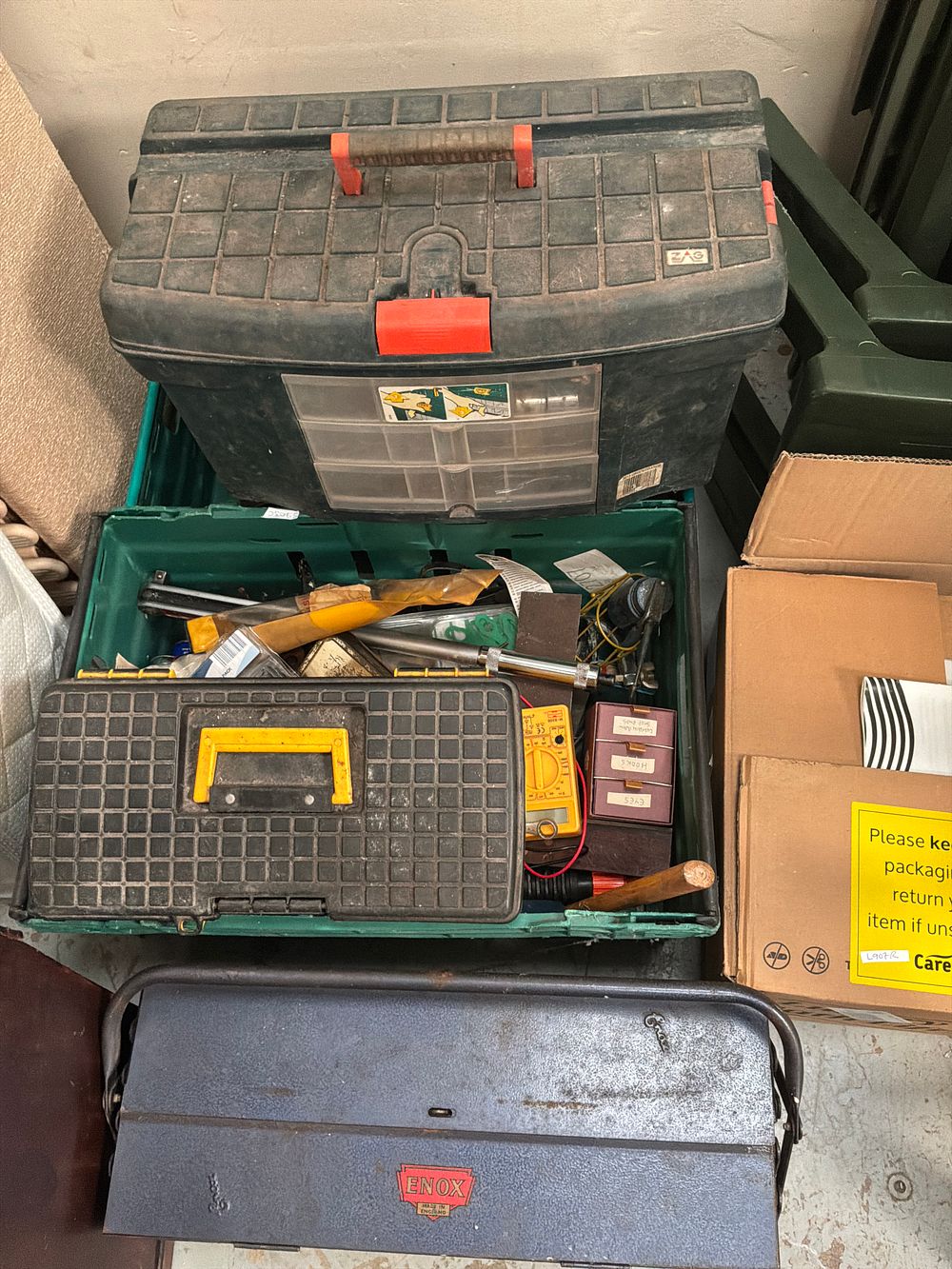 Lot 404: A Collection of Workshop Hand Tools and Storage Containers including Enox and Zag Examples