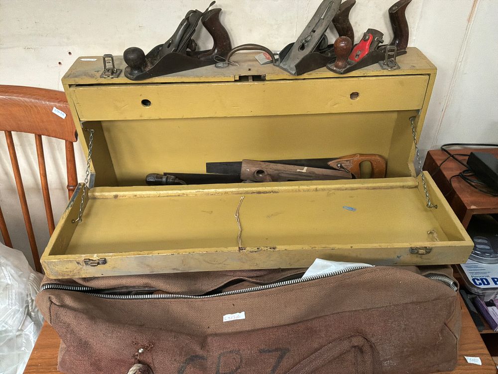 Lot 409: A Collection of Vintage Woodworking and Carpenter's Hand Tools including Stanley Planes in a Custom Wooden Chest and Canvas Bag