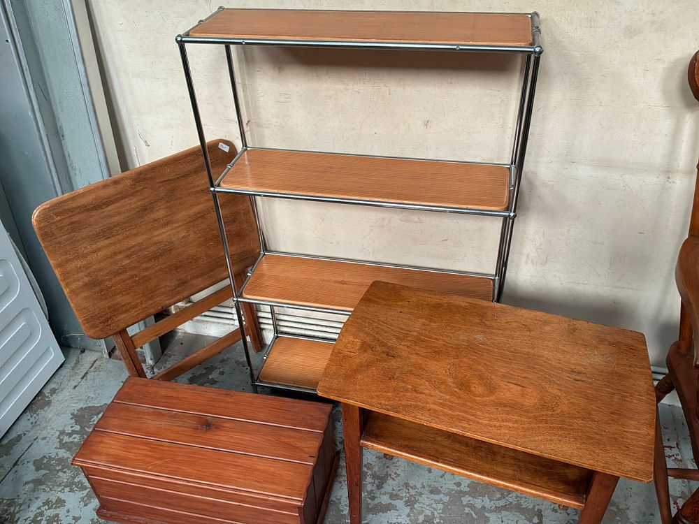 Lot 417: An Assortment of Mid-Century Modern Style Shelving, Tables, and Storage Furniture
