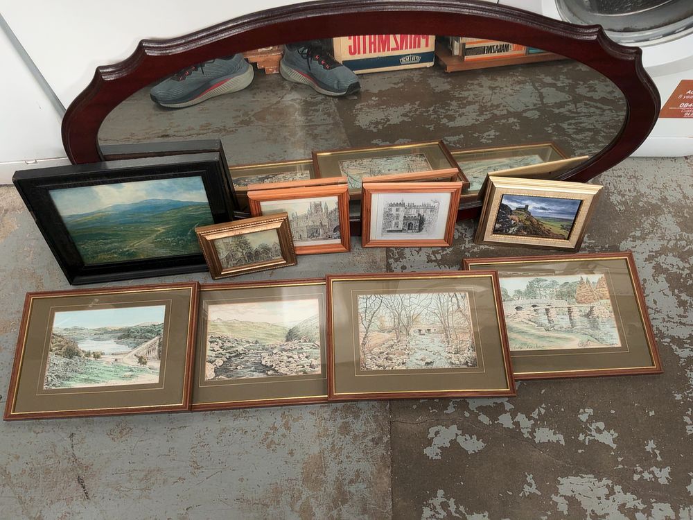 Lot 425: A Collection of Framed Devon Topographical Artworks and a Scalloped Oval Wall Mirror