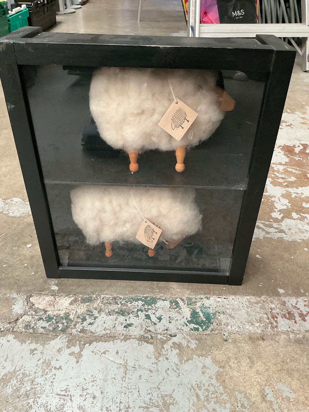 Lot 437: A Pair of Handcrafted Herdwick Wool and Wood Sheep Figurines in a Glass Display Case