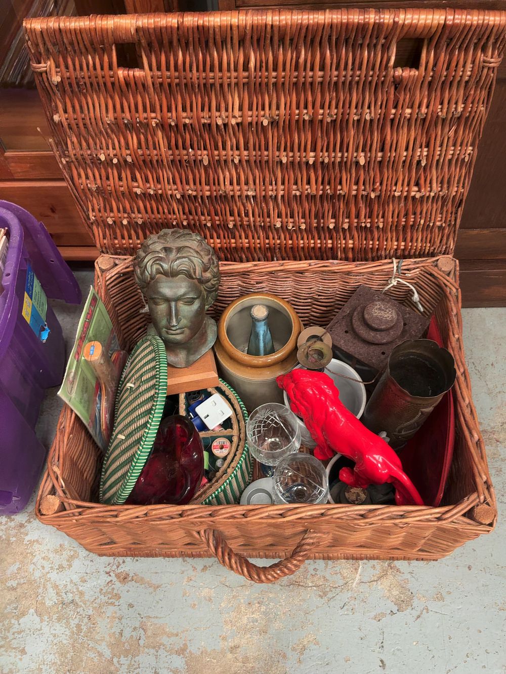 Lot 444: A Collection of Decorative Items and Collectibles in a Large Wicker Hamper