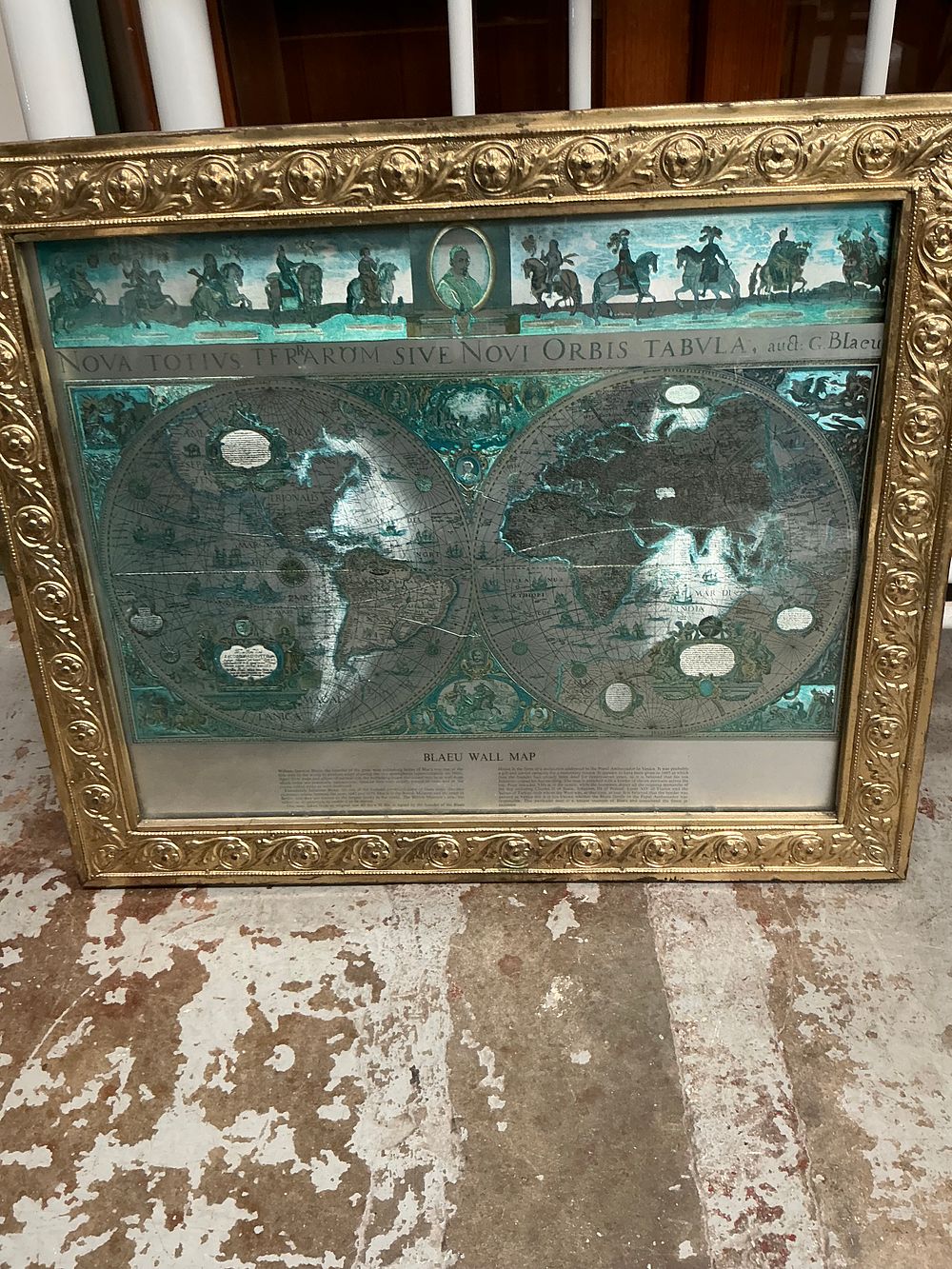 Lot 448: Two Framed Prints comprising a Maritime Scene after Montague Dawson and a G. Blaeu World Map Reproduction on Foil