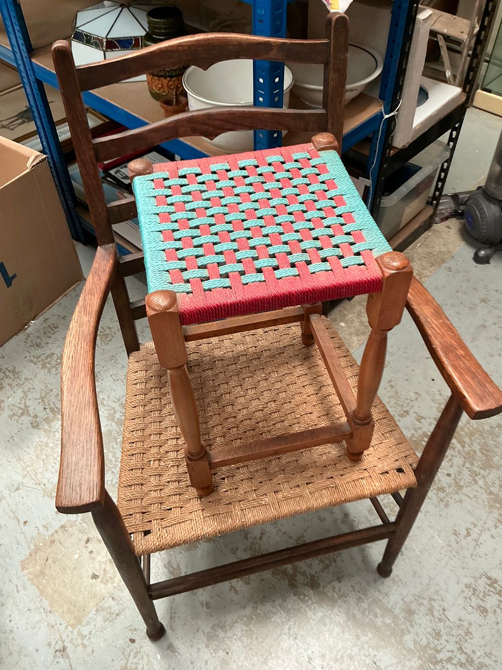Lot 155: A Mid-Century Hardwood Ladder-Back Armchair and a Woven Cord Footstool