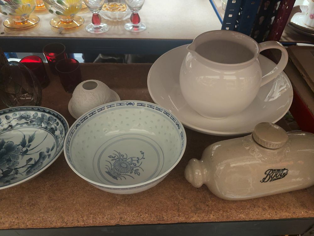 Lot 245: An Assortment of Domestic Ceramics and Glassware including a Chinese Rice Grain Porcelain Bowl and a Boots Stoneware Bed Warmer