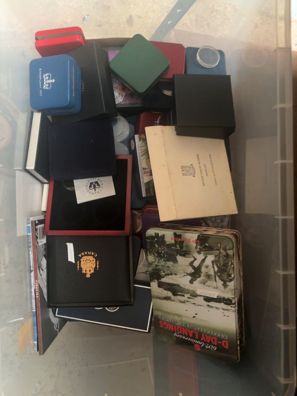 Lot 254: A Large Collection of Empty Numismatic Presentation Boxes, Folders and Commemorative Tins
