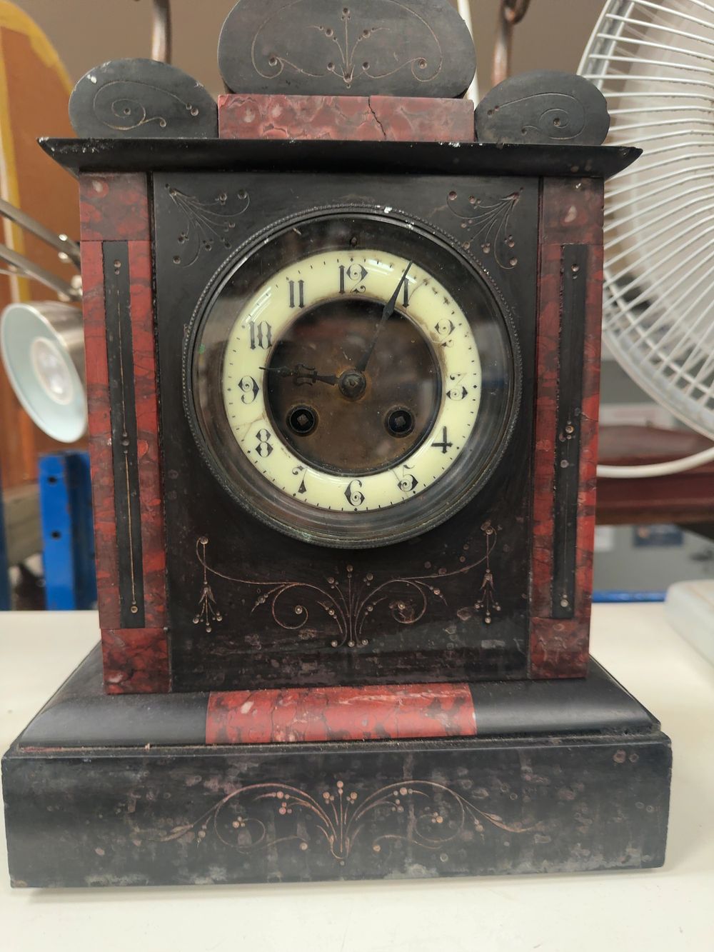 Lot 306: Victorian French Black Slate and Variegated Red Marble Mantel Clock
