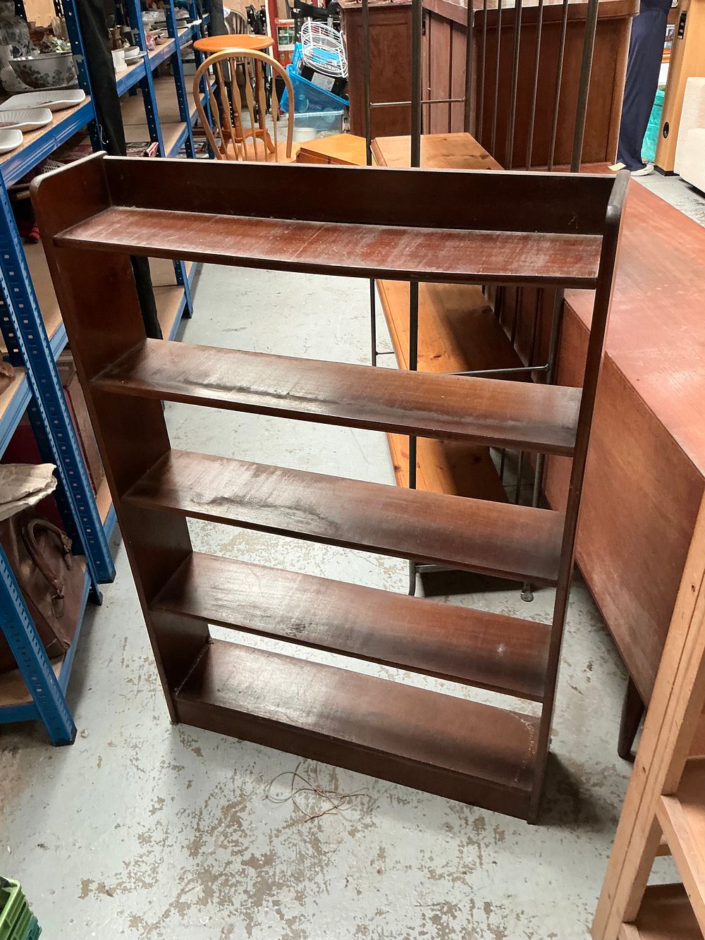Lot 331: Mid-20th-Century Stained Hardwood Five-Tier Sloped Book Trough Shelving Unit