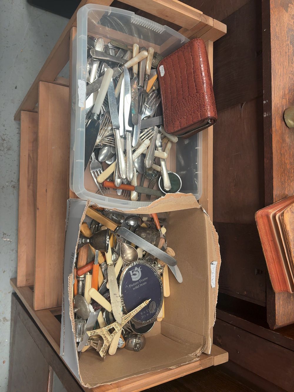 Lot 343: An Assortment of Silver Plated and Mixed Handle Flatware with a Vintage Travel Vanity Set and Decorative Items