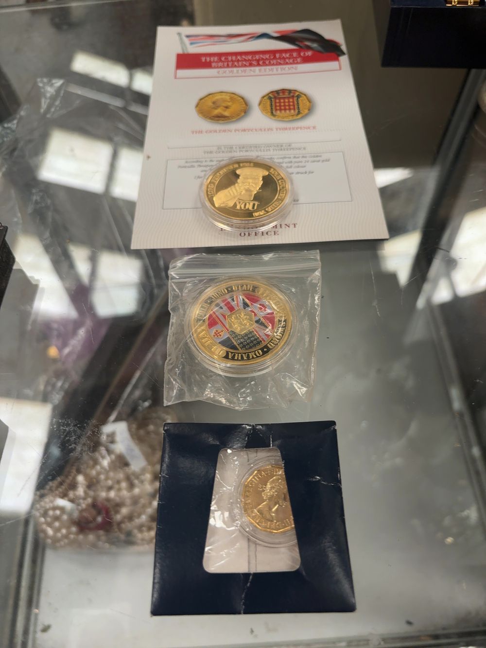 Lot 369: A Collection of UK Commemorative Medallions and a 24 Carat Gold-Plated Threepence