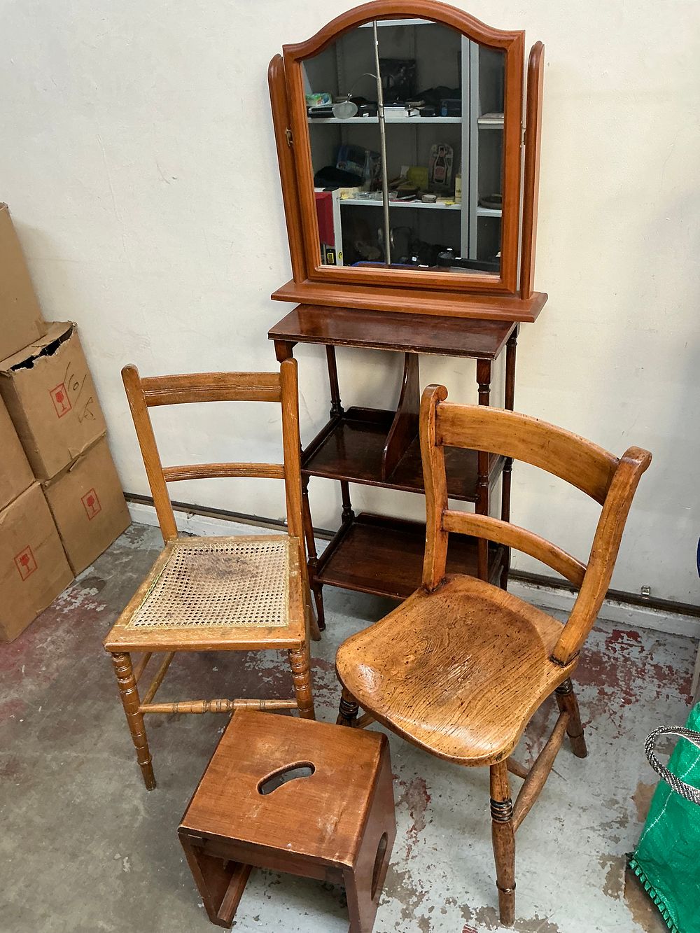 Lot 386: An Assortment of Antique and Vintage Furniture Items Including a Mahogany Dressing Mirror, a Three-Tier Canterbury and blanket chest.