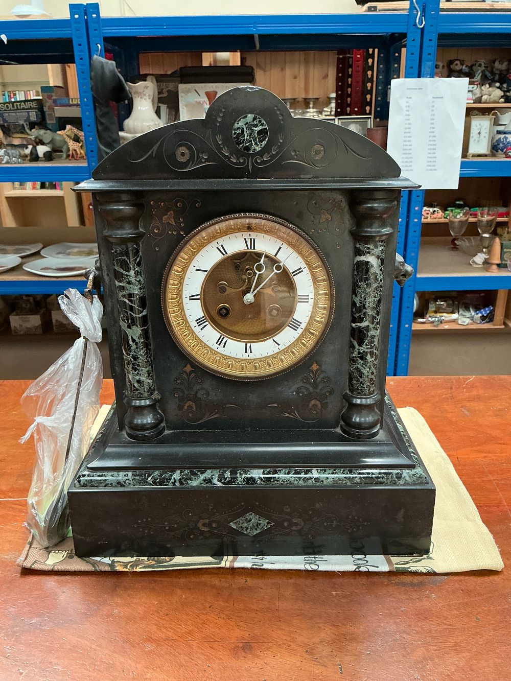 Lot 391: Victorian Black Slate and Green Marble French Mantel Clock with Visible Brocot Escapement