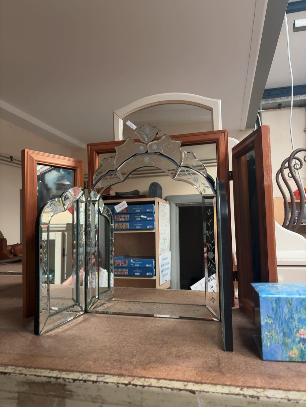 Lot 411: Three Mirrors including an Art Deco Style Venetian Etched Glass Triptych Dressing Table Mirror
