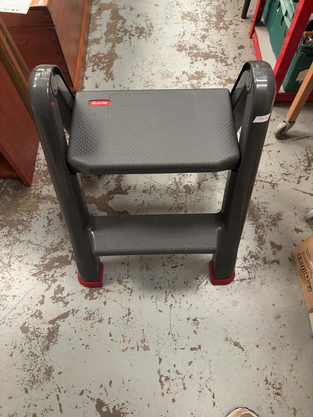 Lot 416: Curver Two-Step Folding Plastic Stool in Charcoal and Red