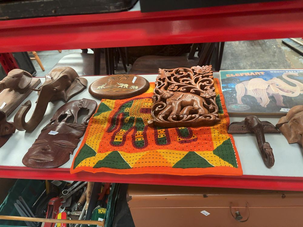 Lot 439: A Collection of Carved Wooden Elephant Themed Home Decor and Souvenirs