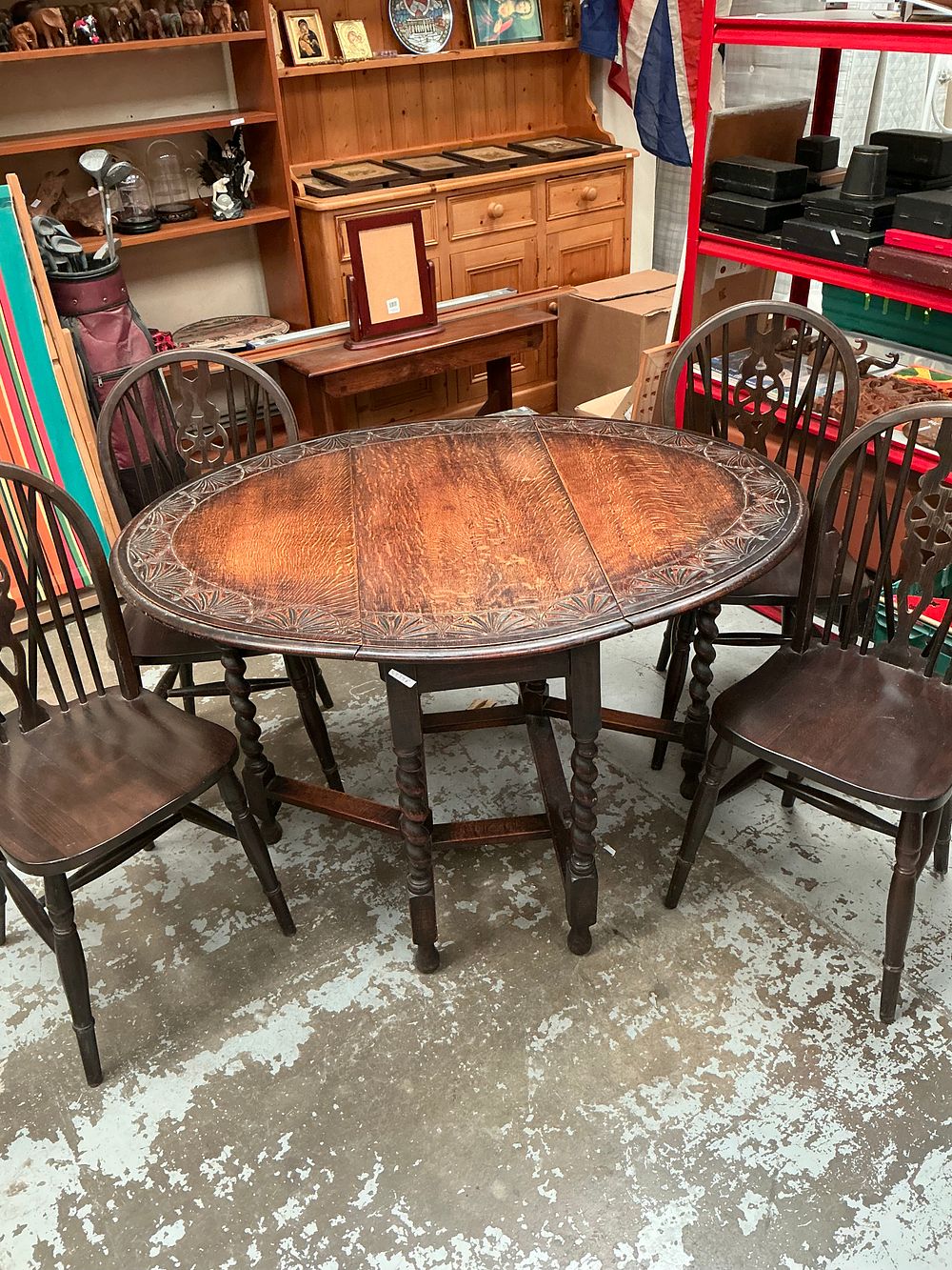 Lot 443: Jacobean Revival Oak Gateleg Dining Table and four Windsor Chairs