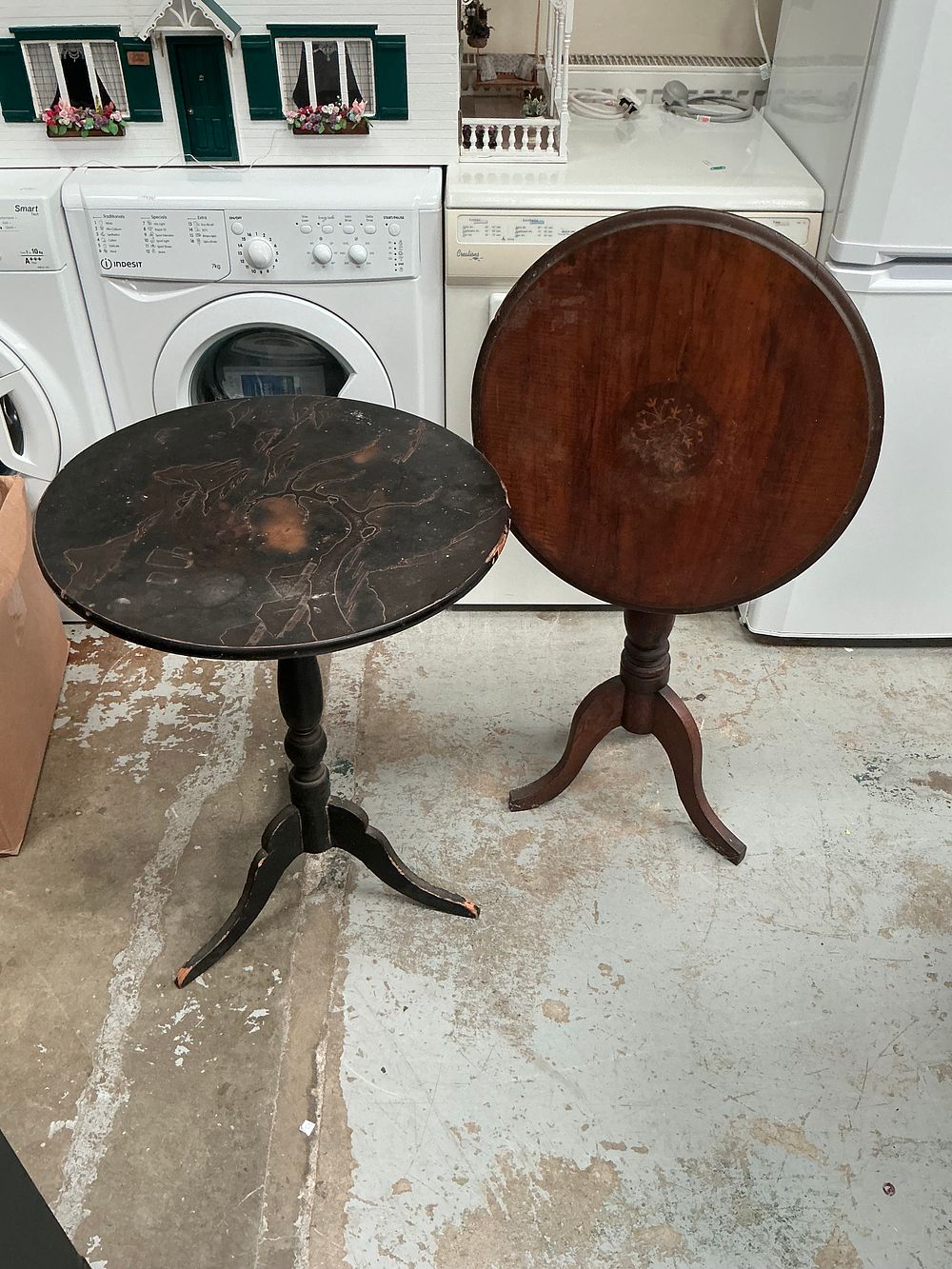 Lot 17: Two George III Style Mahogany and Ebonised Tilt-Top Tripod Tables